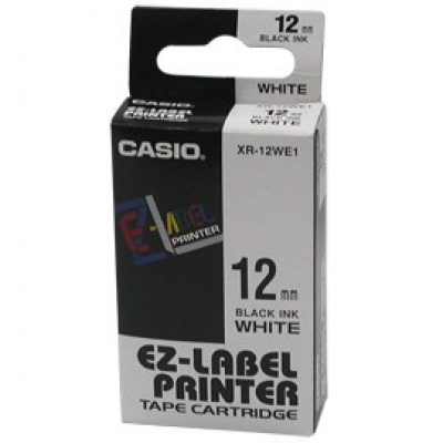 Casio XR-12WE1, 12mm x 8m, black text/white tape, original tape