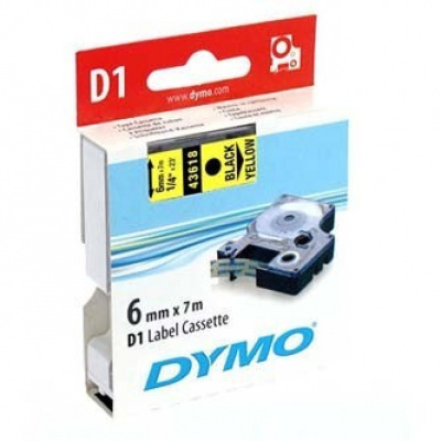 Dymo D1 43618, S0720790, 6 mm x 7m, black text/yellow tape, original tape