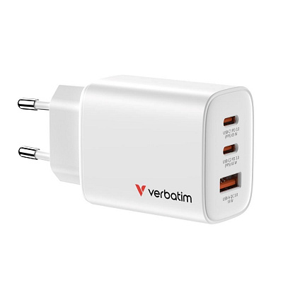 VERBATIM GaN Charger Essentials 65W, 2xUSB-C, 1xUSB-A, white