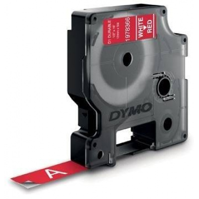 Dymo D1 1978366, 12mm x 3 m, white text/red tape, permanent vinyl, original tape