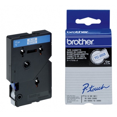 Brother TC-203, 12mm x 7,7m, blue text / white tape, original tape