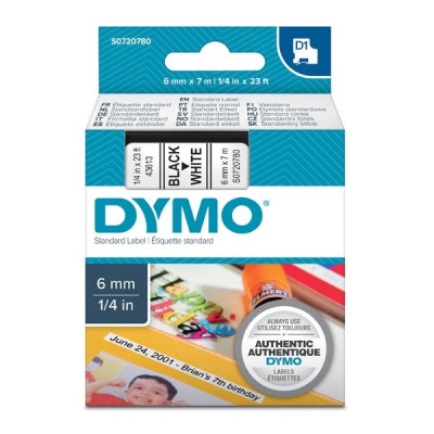 Dymo D1 43613, S0720780, 6mm x 7m black text / white tape, original tape