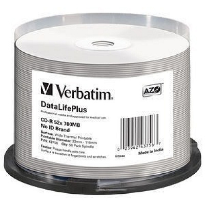 VERBATIM CD-R (50-pack) spindle, AZO 52X, 700MB, WHITE WIDE THERMAL PRINTABLE SURFACE NON-ID