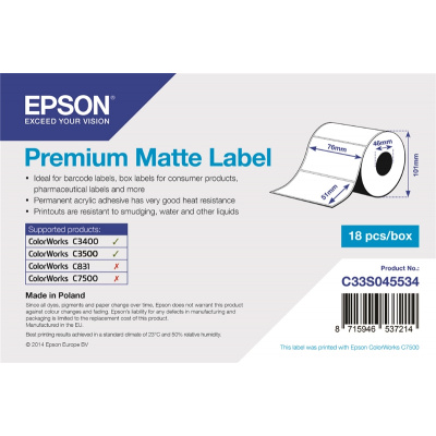 Epson C33S045534 Premium Matte, for ColorWorks, 76x51mm, 650pcs, white self-adhesive labels
