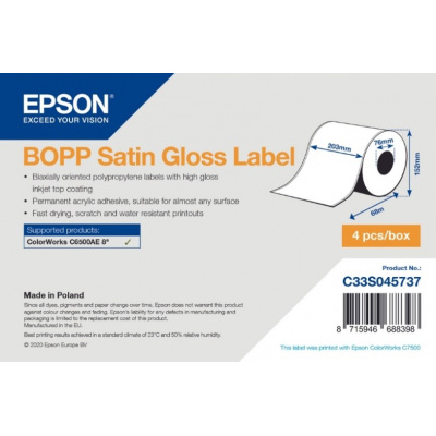 Epson C33S045737 BOPP Satin Gloss, for ColorWorks, 203mmx68m, white self-adhesive labels