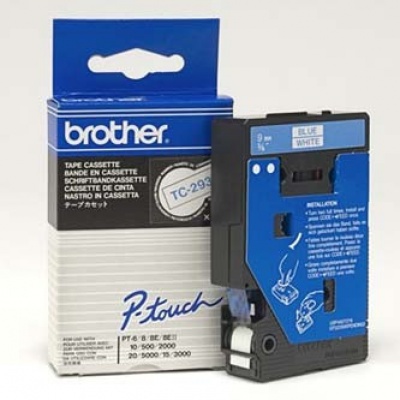 Brother TC-293, 9mm x 7,7m, blue text / white tape, original tape
