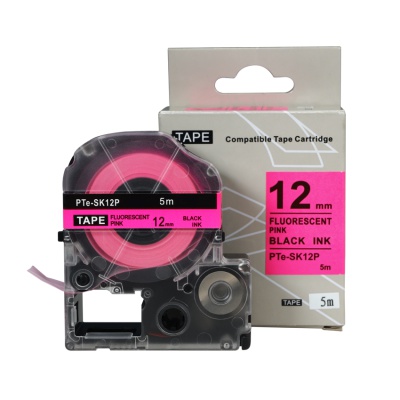 Epson SK12P, 12mm x 5m, black text / fluorescent pink tape, compatible tape