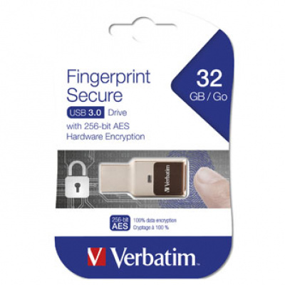 Verbatim USB flash disk, USB 3.0, 32GB, Fingerprint Secure, černý, 49337, USB A, čtečka otisku prstu, AES 256-bit šifrování