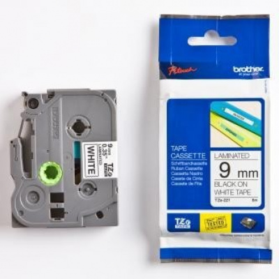 Brother TZ-221 / TZe-221, 9mm x 8m, black text / white tape, original tape