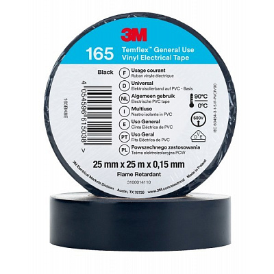 3M Temflex 165 Electrical Insulating Tape, 25 mm x 25 m, black