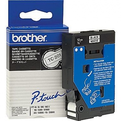 Brother TC-201, 12mm x 7,7m, black text / white tape, original tape