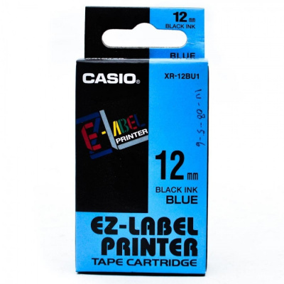 Casio XR-12BU1, 12mm x 8m, black text/blue tape, original tape