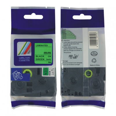 Brother HGe-731, 12mm x 8m, black text / green tape, high-speed compatible tape