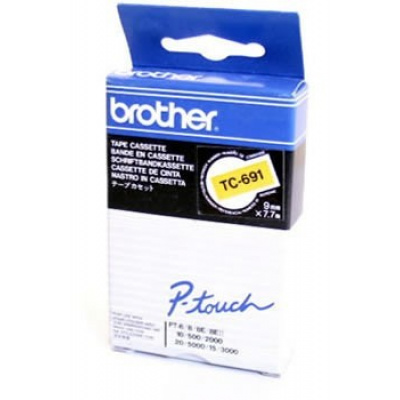 Brother TC-691, 9mm x 7,7m, black text / yellow tape, original tape