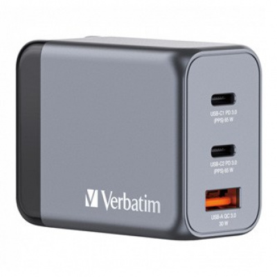 Verbatim GaN 32201, travel mains charger, USB 3.0, USB C, grey, 65 W, interchangeable forks C,G,A