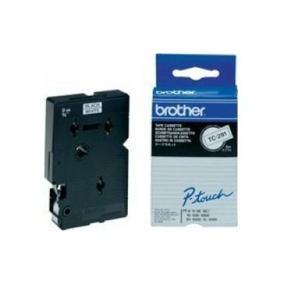 Brother TC-291, 9mm x 7,7m, black text / white tape, original tape