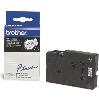 Brother TC-M91, 9mm x 7,7m, black text / transparent tape, original tape