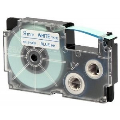 Casio XR-9WEB1, 9mm x 8m, blue text/white tape, original tape