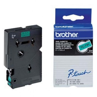Brother TC-791, 9mm x 7,7m, black text / green tape, original tape