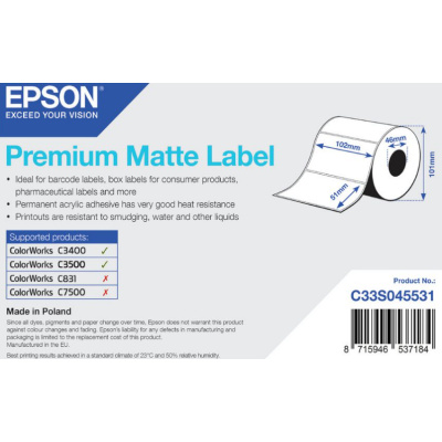 Epson C33S045531 Premium Matte, for ColorWorks, 102x51mm, 650pcs, white self-adhesive labels