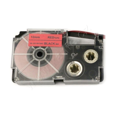 Casio XR-12FRD , 12mm x 8m, black text / signal red tape, compatible tape