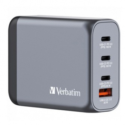 Verbatim GaN 32202, travel mains charger, USB 3.0, USB C, grey, 100 W, interchangeable forks C,G,A