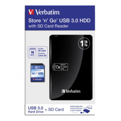 Verbatim externí pevný disk s integrovanou čtečkou paměťových karet, Store N Go, 2.5", USB 3.0 (3.2 Gen 1), 1TB, 53421, černý, + S