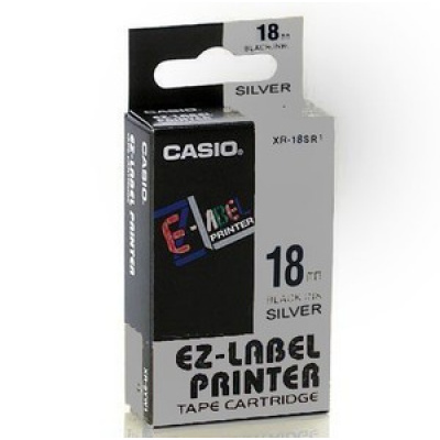 Casio XR-18SR1, 18mm x 8m, black text/silver tape, original tape