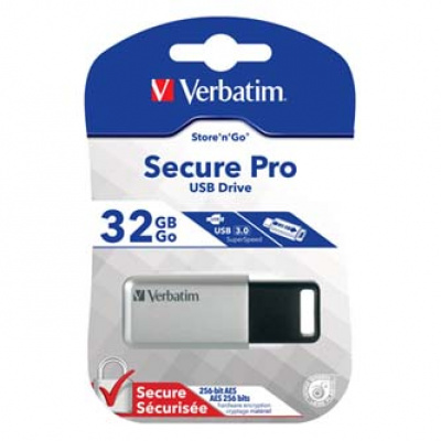 Verbatim USB flash disk, USB 3.0, 32GB, Secure Pro, Store N Go, stříbrný, 98665, USB A, AES 256-bit šifrování