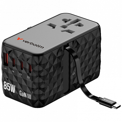 VERBATIM GaN Wall Charger with Built-in USB-C Cable Charge 'n' Travel, 85W, 4xUSB-C, 1xUSB