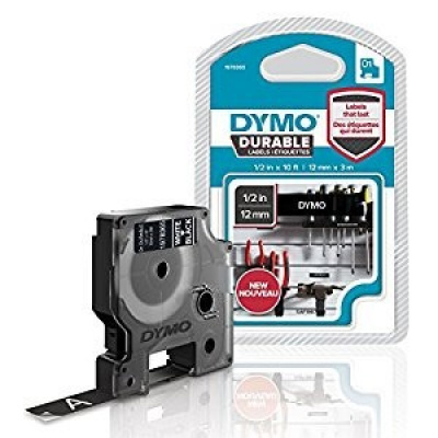 Dymo D1 1978365, 12mm x 3m, white text/black tape, permanent vinyl, original tape