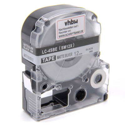 Epson LK-4SBM, SM12X, C53S654019, 12mm x 9m, black text / matte silver tape, compatible tape