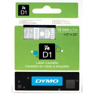 Dymo D1 45020, S0720600, 12mm x 7m white text / clear tape, original tape