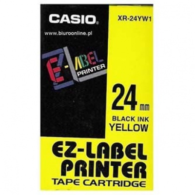 Casio XR-24YW1, 24mm x 8m, black text/yellow tape, original tape