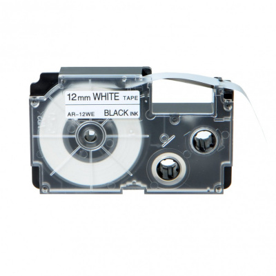 Casio R7WE (XR-12HSWE), 12mm x 2m, black text / white tape, shrinkable, compatible tape