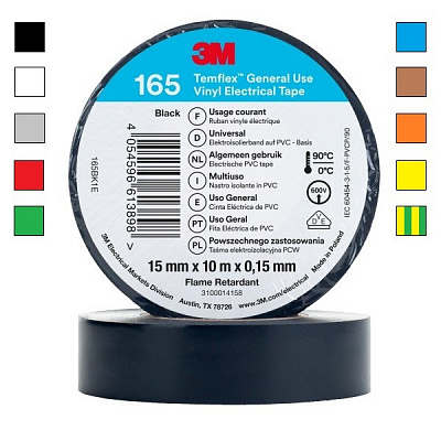 3M Temflex 165 Electrical Insulation Tape, 15 mm x 10 m 15 mm x 10 m black/black