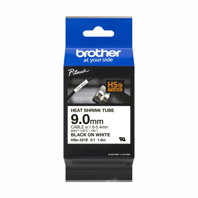 Brother HSe-221E Pro Tape, 9 mm x 1.5 m, black text / white tape, original tape