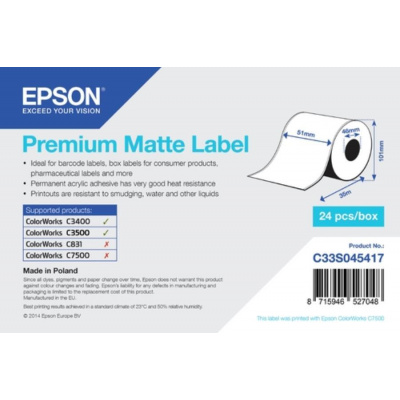 Epson C33S045417 Premium Matte, for ColorWorks, 51mmx35m, white self-adhesive labels