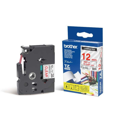 Brother TZ-132 / TZe-132, 12mm x 8m, red text/clear tape, original tape