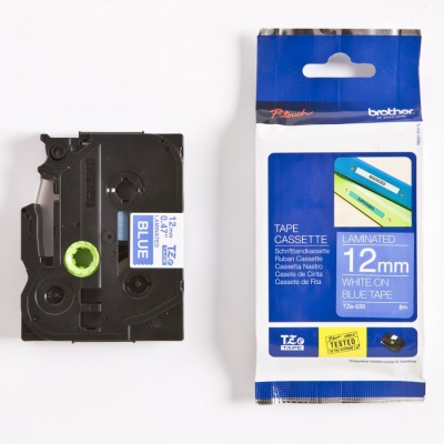 Brother TZ-535 / TZe-535, 12mm x 8m, white text / blue tape, original tape