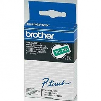 Brother TC-795, 9mm x 7,7m, white text/green tape, original tape