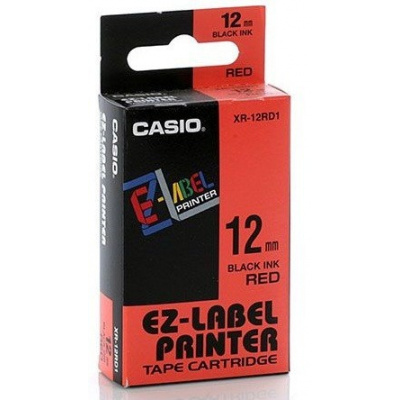 Casio XR-18RD1, 18mm x 8m, black text/red tape, original tape