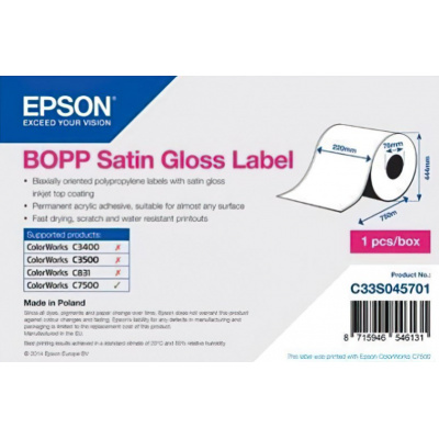 Epson C33S045701 BOPP Satin Gloss, for ColorWorks, 220mmx750m, polypropylene, white self-adhesive labels